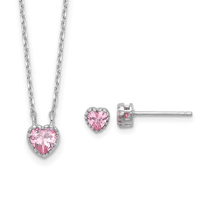 Sterling Silver Rhodium Plated Pink CZ Heart 13in w/2in Ext Necklace/earring Set