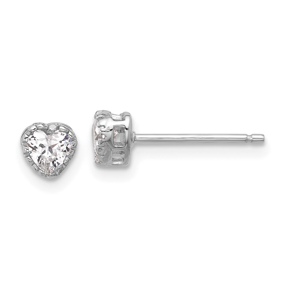 Sterling Silver Rhodium Plated CZ Heart 13in w/2in Ext Necklace/post Earring Set