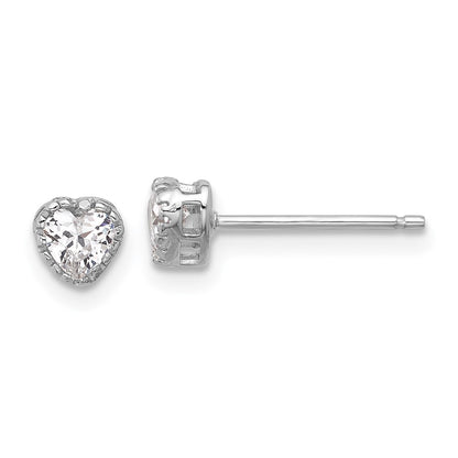 Sterling Silver Rhodium Plated CZ Heart 13in w/2in Ext Necklace/post Earring Set
