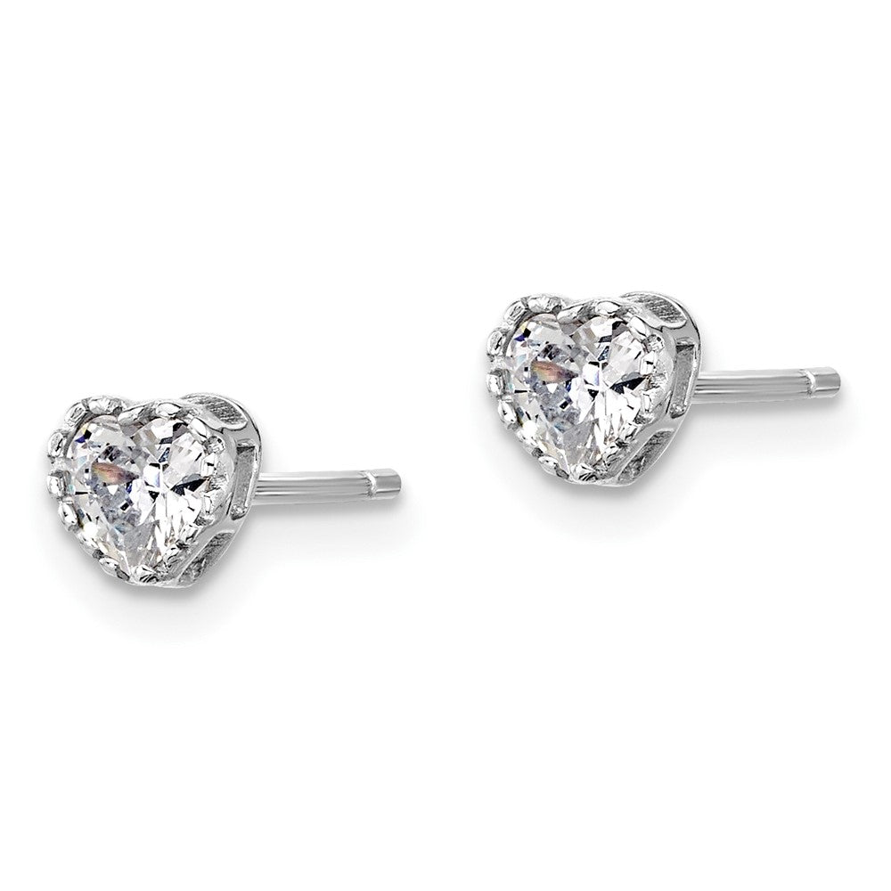 Sterling Silver Rhodium Plated CZ Heart 13in w/2in Ext Necklace/post Earring Set