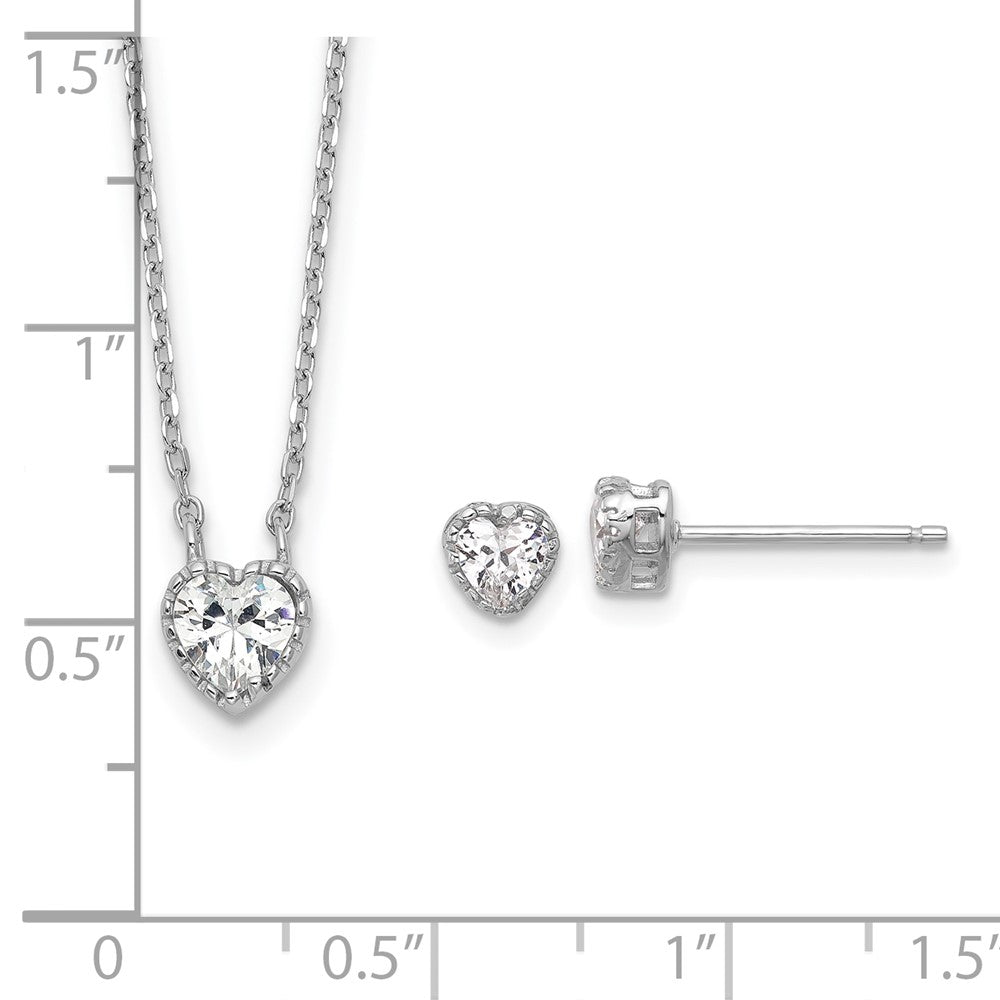 Sterling Silver Rhodium Plated CZ Heart 13in w/2in Ext Necklace/post Earring Set