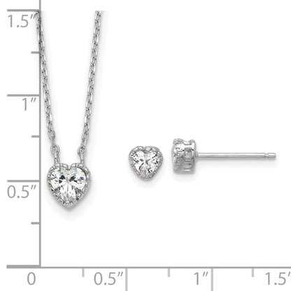 Sterling Silver Rhodium Plated CZ Heart 13in w/2in Ext Necklace/post Earring Set