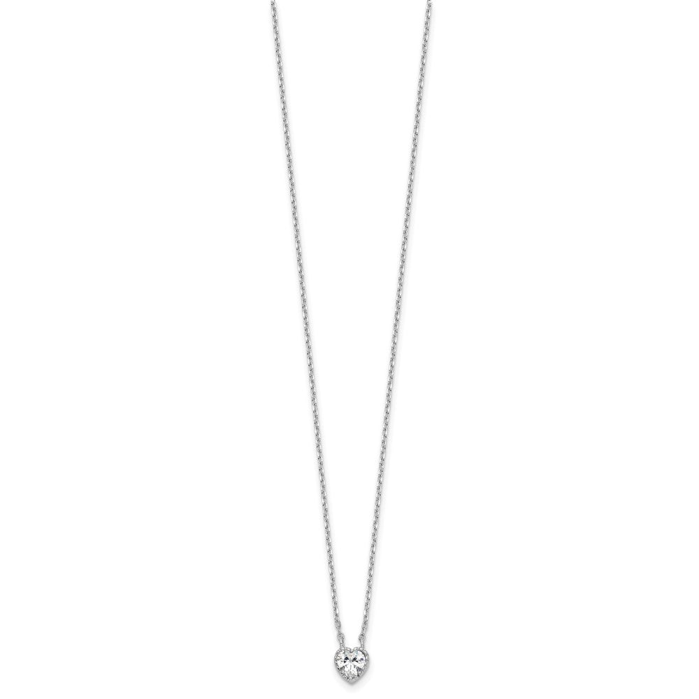 Sterling Silver Rhodium Plated CZ Heart 13in w/2in Ext Necklace/post Earring Set