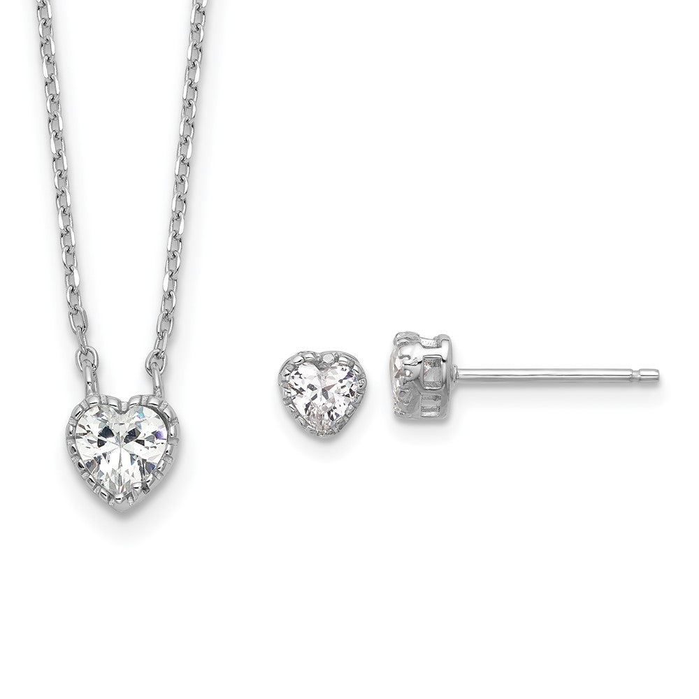 Sterling Silver Rhodium Plated CZ Heart 13in w/2in Ext Necklace/post Earring Set