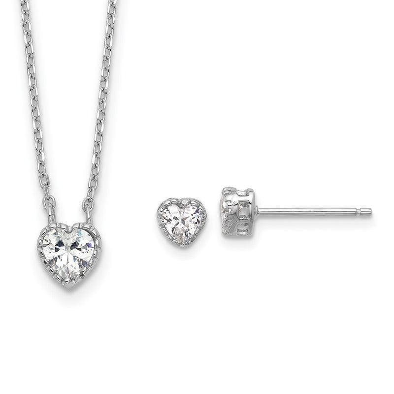 Sterling Silver Rhodium Plated CZ Heart 13in w/2in Ext Necklace/post Earring Set
