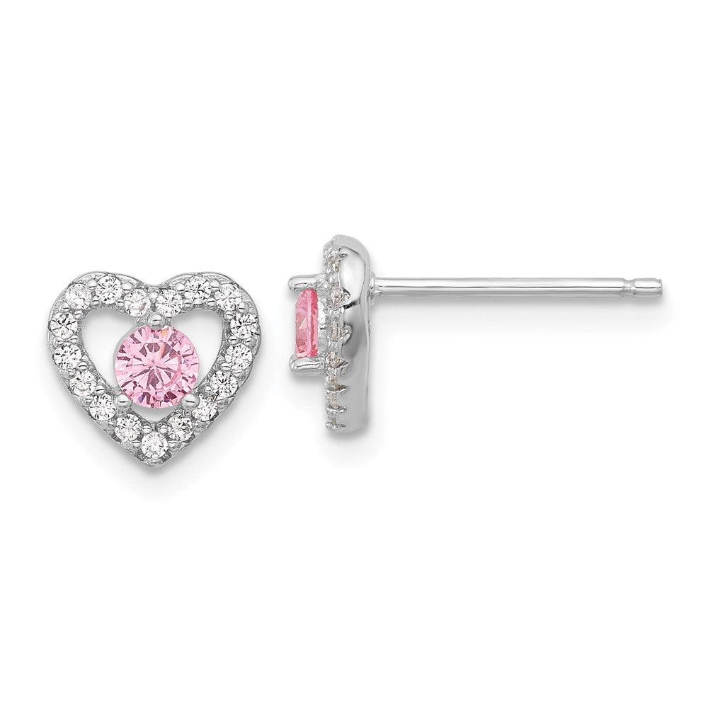Sterling Silver Rh Pink/white CZ Heart 10in w/2in Ext Necklace/earring Set