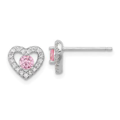 Sterling Silver Rh Pink/white CZ Heart 10in w/2in Ext Necklace/earring Set