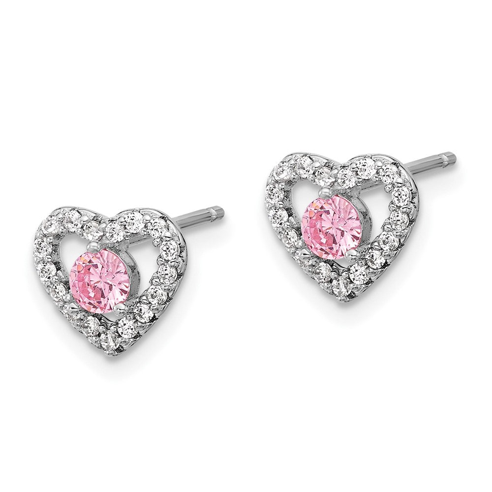 Sterling Silver Rh Pink/white CZ Heart 10in w/2in Ext Necklace/earring Set