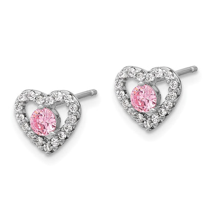 Sterling Silver Rh Pink/white CZ Heart 10in w/2in Ext Necklace/earring Set