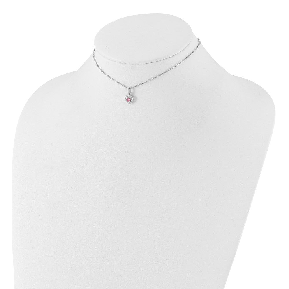 Sterling Silver Rh Pink/white CZ Heart 10in w/2in Ext Necklace/earring Set