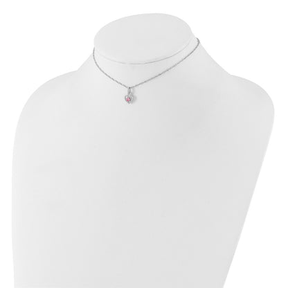 Sterling Silver Rh Pink/white CZ Heart 10in w/2in Ext Necklace/earring Set