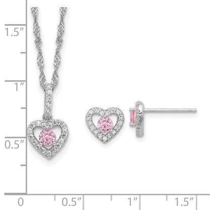 Sterling Silver Rh Pink/white CZ Heart 10in w/2in Ext Necklace/earring Set