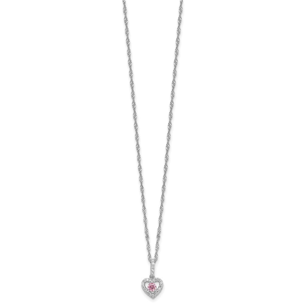 Sterling Silver Rh Pink/white CZ Heart 10in w/2in Ext Necklace/earring Set