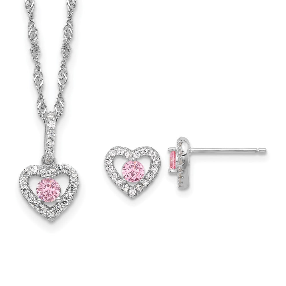 Sterling Silver Rh Pink/white CZ Heart 10in w/2in Ext Necklace/earring Set