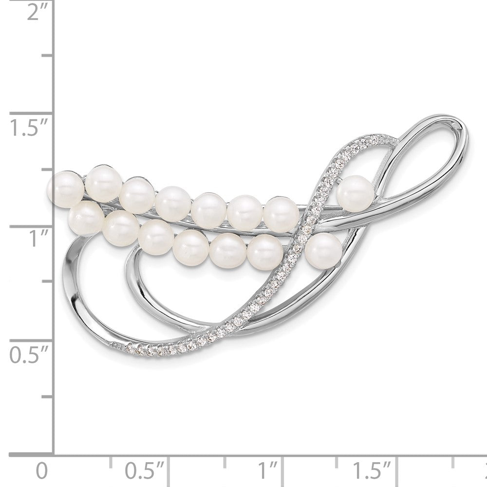 Sterling Silver Rhodium-Plated 4-5mm Round Fwc Pearl and CZ Pin