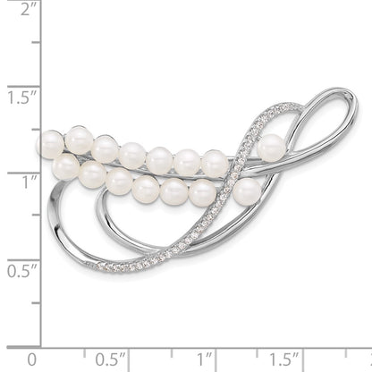 Sterling Silver Rhodium-Plated 4-5mm Round Fwc Pearl and CZ Pin