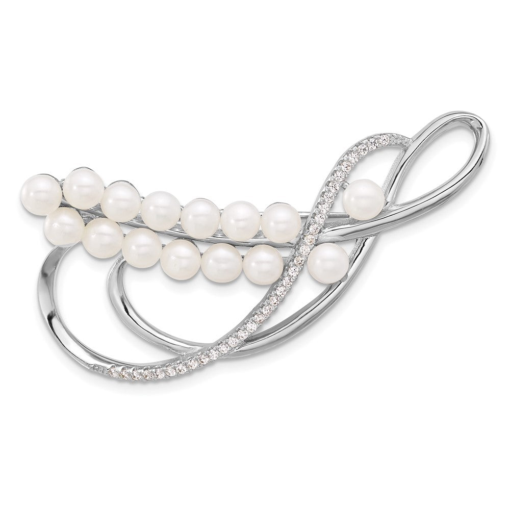 Sterling Silver Rhodium-Plated 4-5mm Round Fwc Pearl and CZ Pin