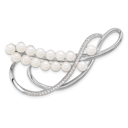 Sterling Silver Rhodium-Plated 4-5mm Round Fwc Pearl and CZ Pin