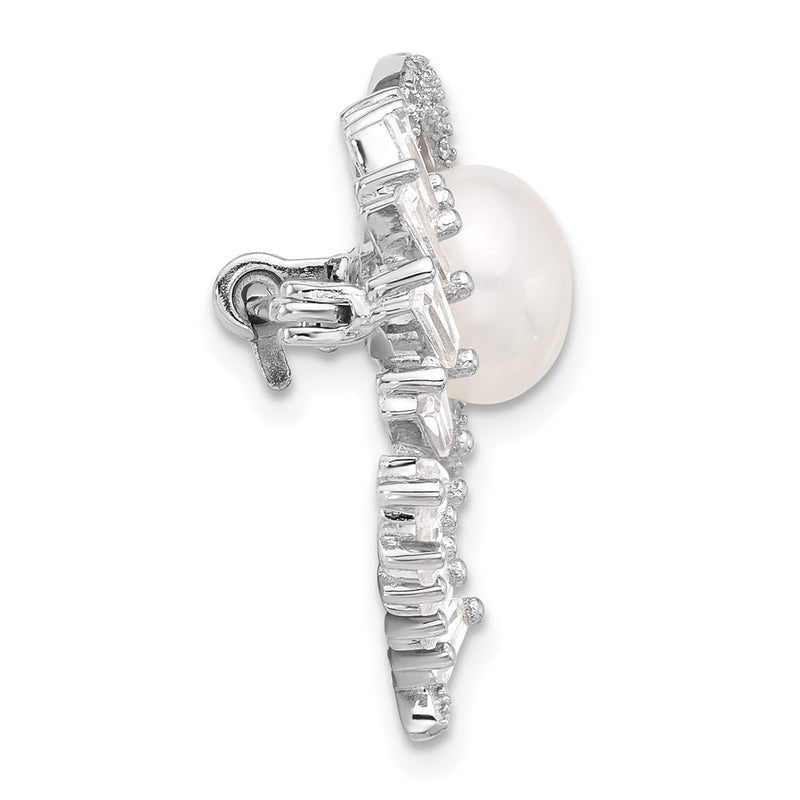 Sterling Silver Rhodium Plated 8-9mm Button White Fwc Pearl and CZ Heart Pin
