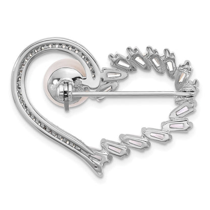 Sterling Silver Rhodium Plated 8-9mm Button White Fwc Pearl and CZ Heart Pin