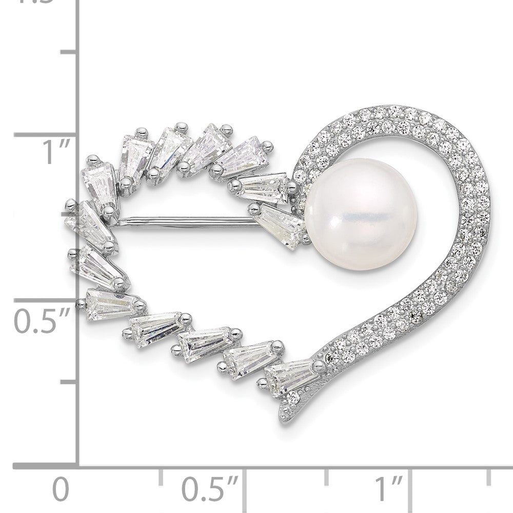 Sterling Silver Rhodium Plated 8-9mm Button White Fwc Pearl and CZ Heart Pin