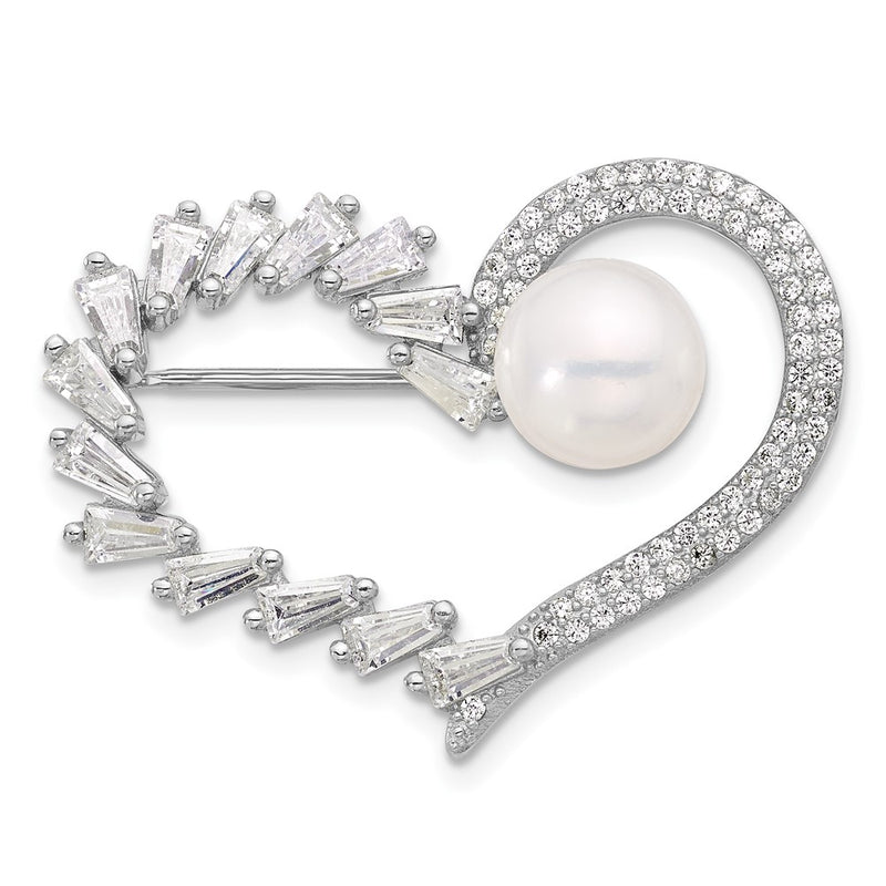 Sterling Silver Rhodium Plated 8-9mm Button White Fwc Pearl and CZ Heart Pin