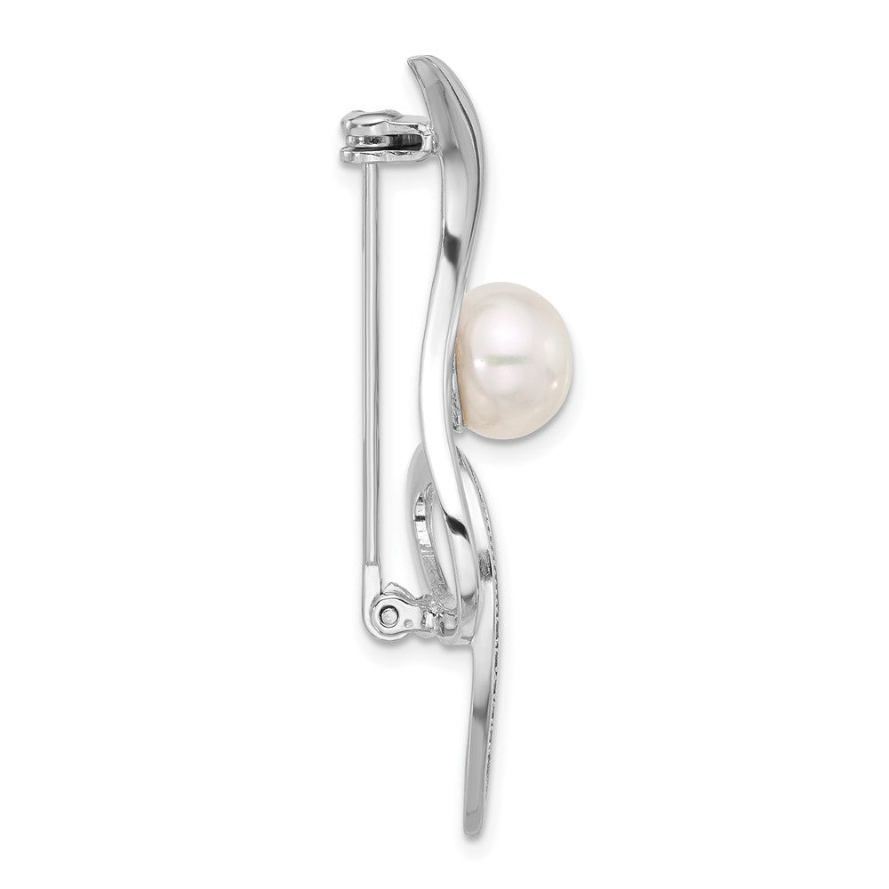 Sterling Silver Rhodium Plated 8-9mm Button White Fwc Pearl and CZ Swirl Pin