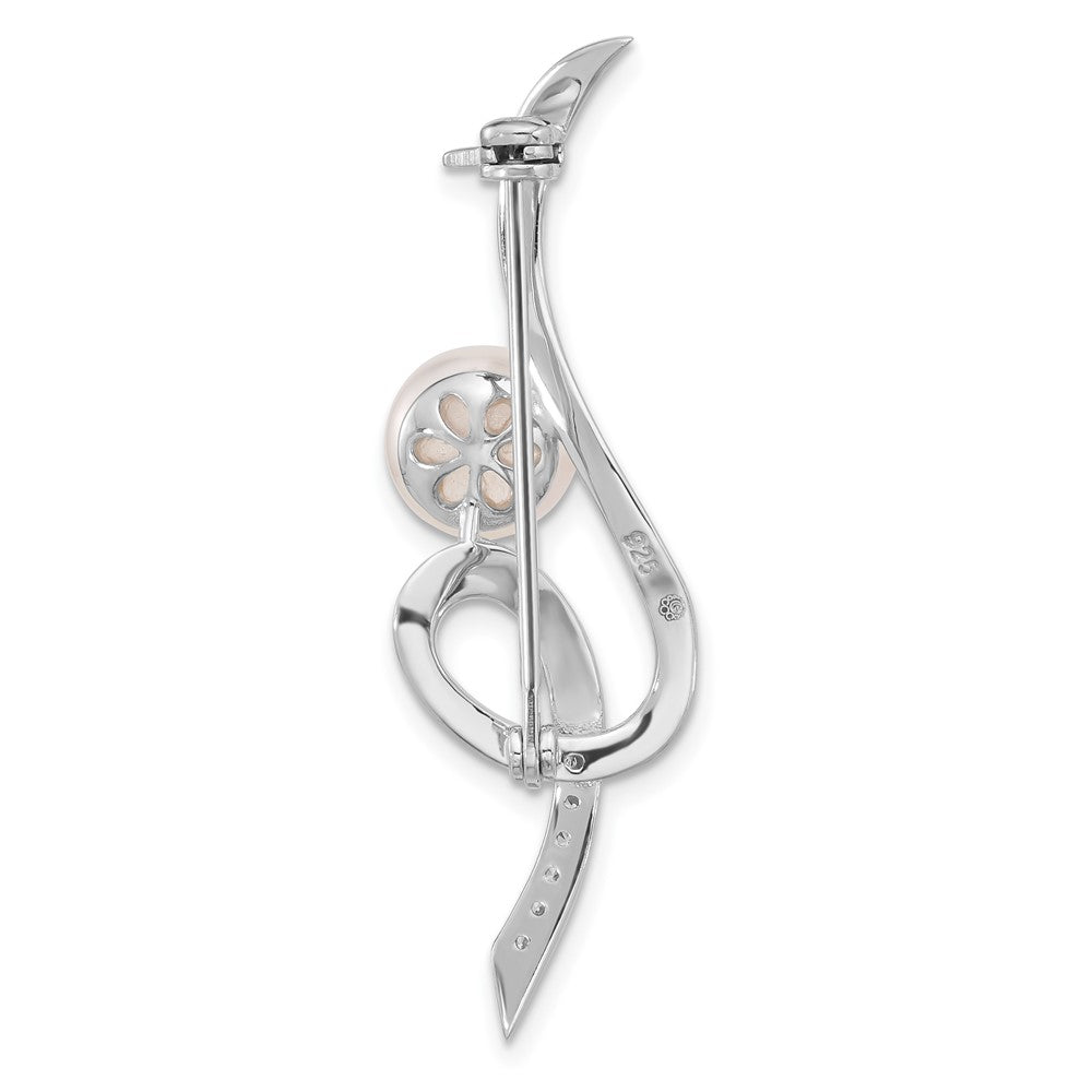 Sterling Silver Rhodium Plated 8-9mm Button White Fwc Pearl and CZ Swirl Pin