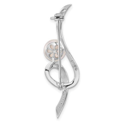 Sterling Silver Rhodium Plated 8-9mm Button White Fwc Pearl and CZ Swirl Pin