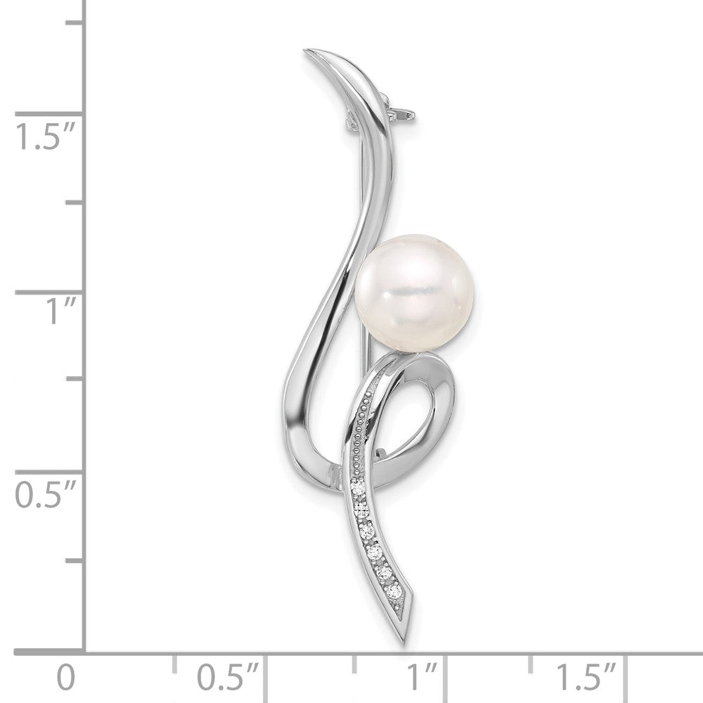 Sterling Silver Rhodium Plated 8-9mm Button White Fwc Pearl and CZ Swirl Pin