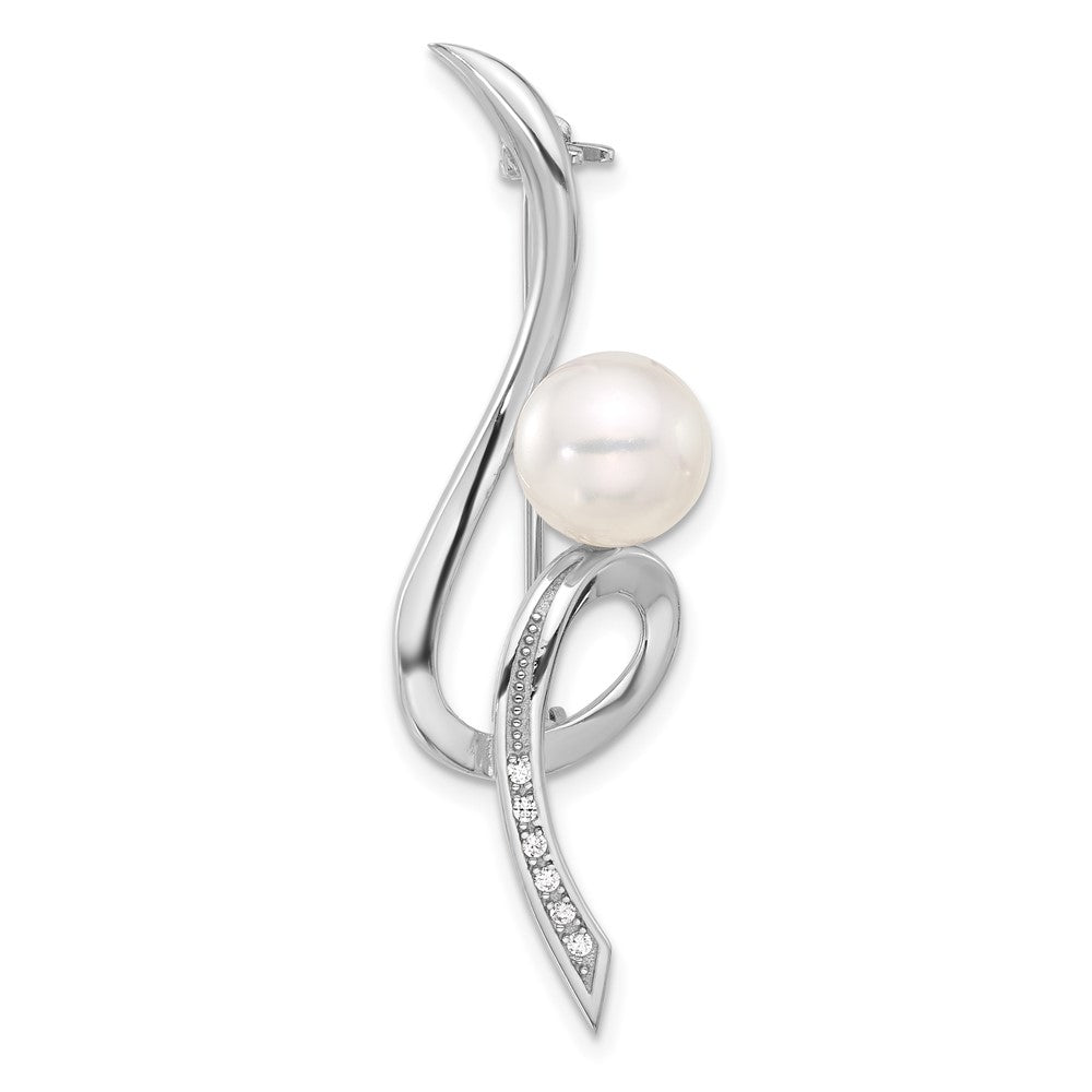 Sterling Silver Rhodium Plated 8-9mm Button White Fwc Pearl and CZ Swirl Pin
