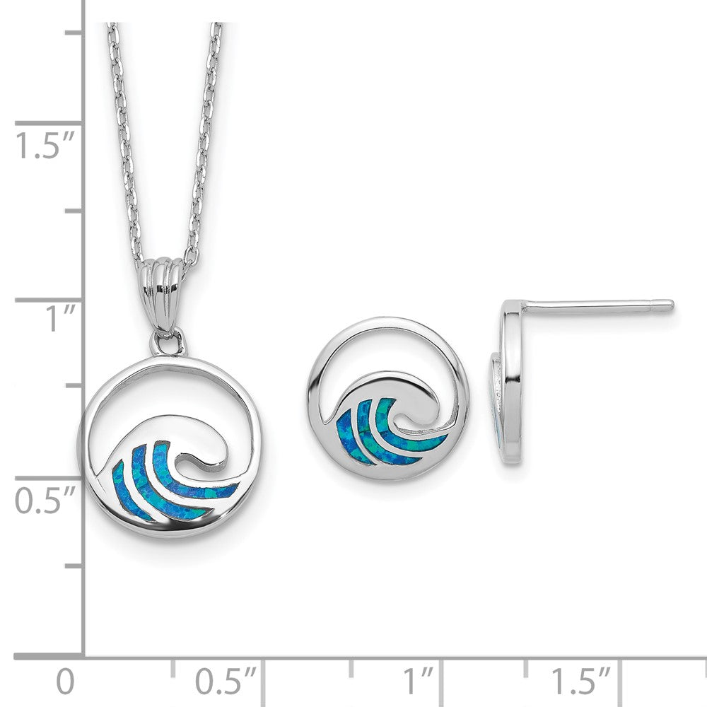 Sterling Silver Rh-Pl Cr.opal Wave 16in Necklace w/2in Ext/earring Set