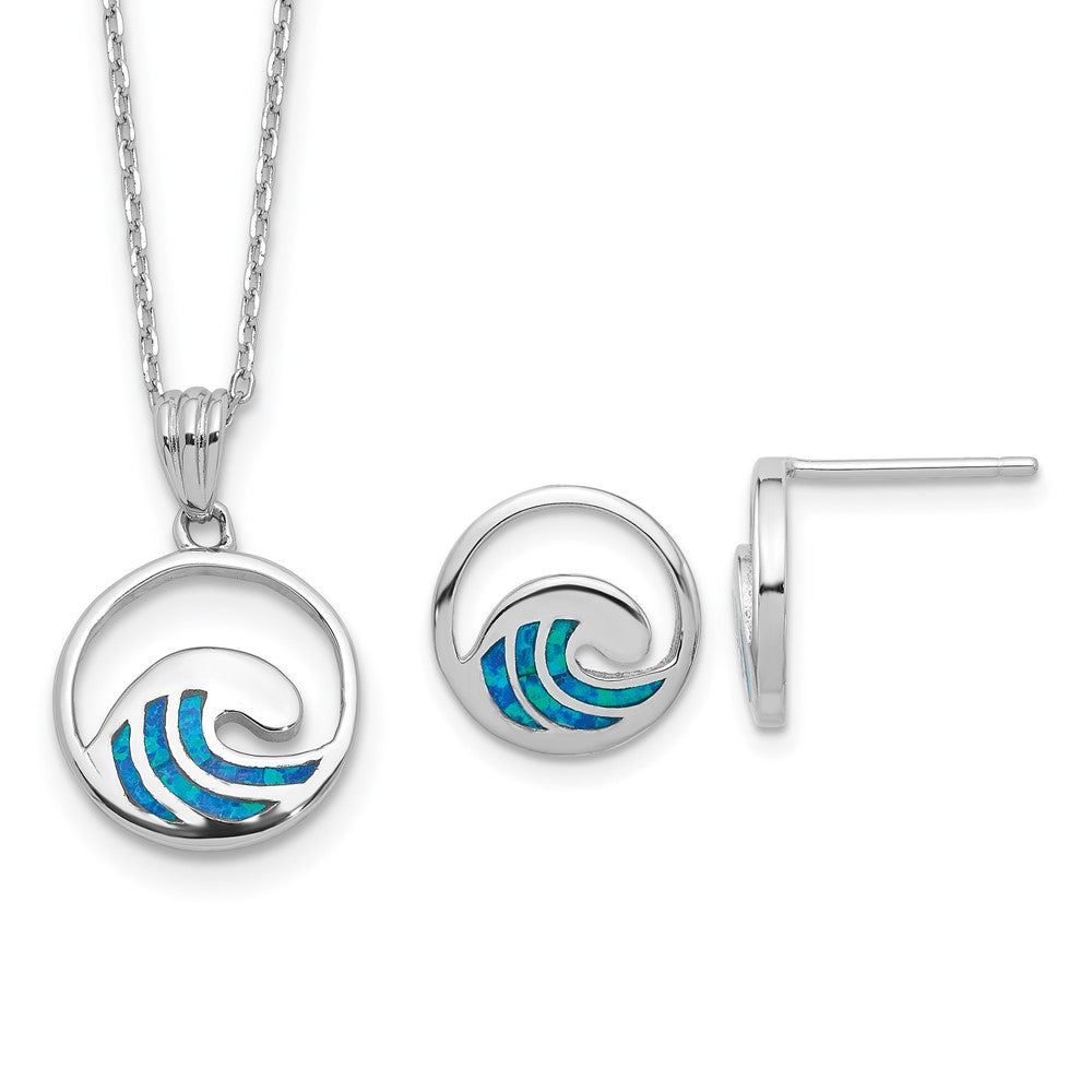 Sterling Silver Rh-Pl Cr.opal Wave 16in Necklace w/2in Ext/earring Set