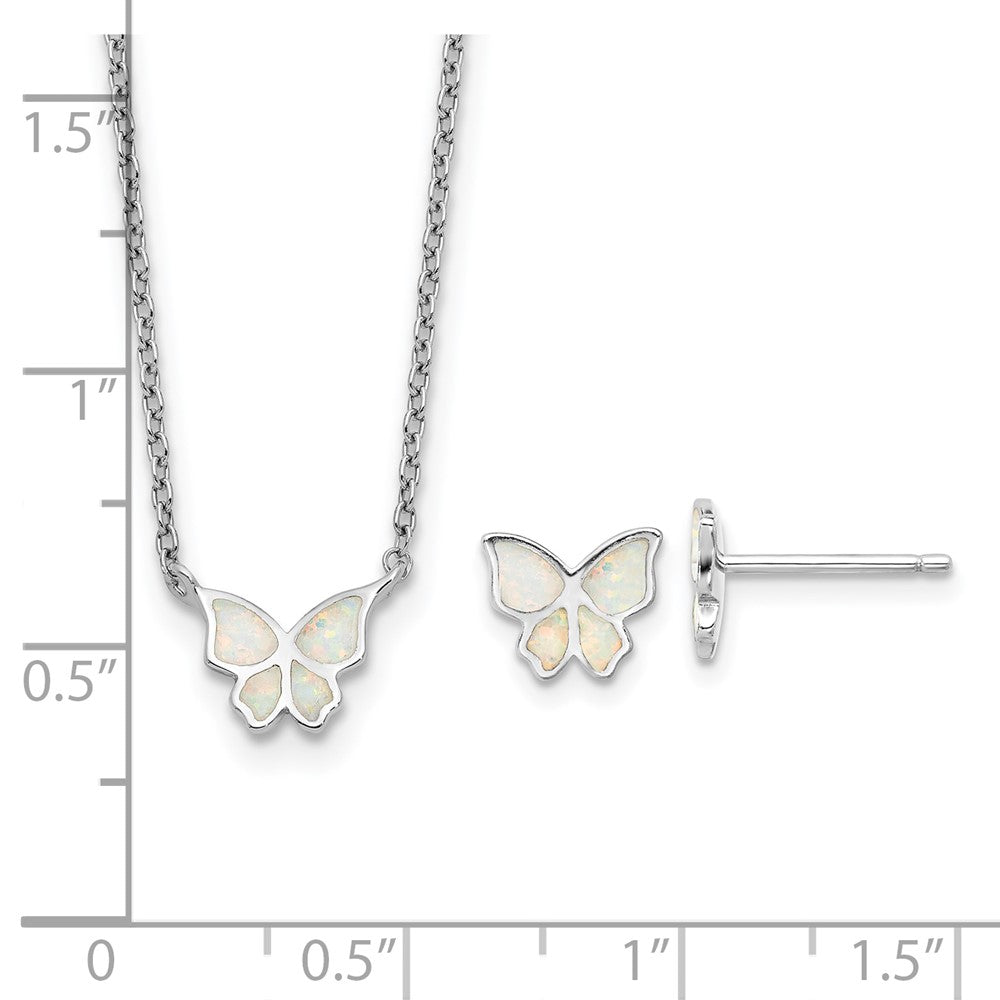 Sterling Silver Rh-Pl Cr.opal Butterfly 16in Necklace w/2in Ext/earring Set