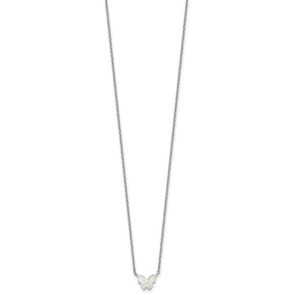 Sterling Silver Rh-Pl Cr.opal Butterfly 16in Necklace w/2in Ext/earring Set