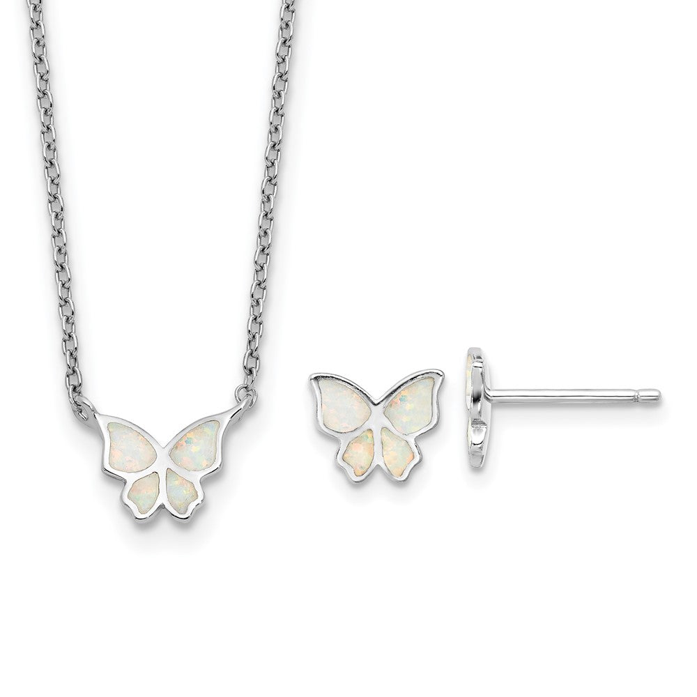 Sterling Silver Rh-Pl Cr.opal Butterfly 16in Necklace w/2in Ext/earring Set