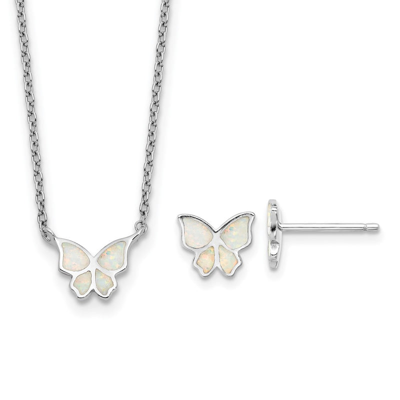 Sterling Silver Rh-Pl Cr.opal Butterfly 16in Necklace w/2in Ext/earring Set