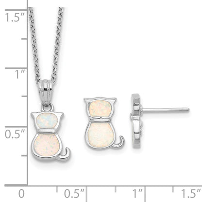 Sterling Silver Rh-Pl Cr.opal Cat 16in Necklace w/1.75 Ext/earring Set