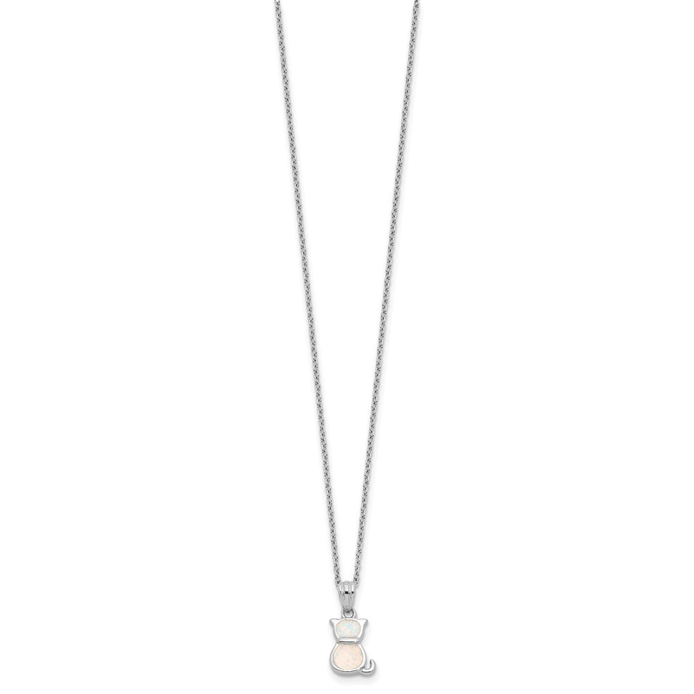 Sterling Silver Rh-Pl Cr.opal Cat 16in Necklace w/1.75 Ext/earring Set
