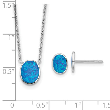 Sterling Silver Rh-Pl Blu Cr. Opal Oval 16inNecklace w/1.75 Ext/earring Set