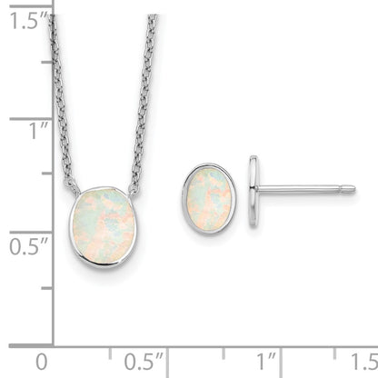 Sterling Silver Rh-Pl Created Opal OvaL16in Necklace w/1.75 Ext/earring Set
