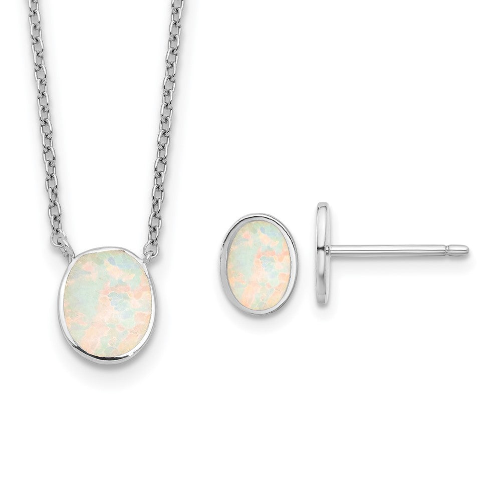Sterling Silver Rh-Pl Created Opal OvaL16in Necklace w/1.75 Ext/earring Set