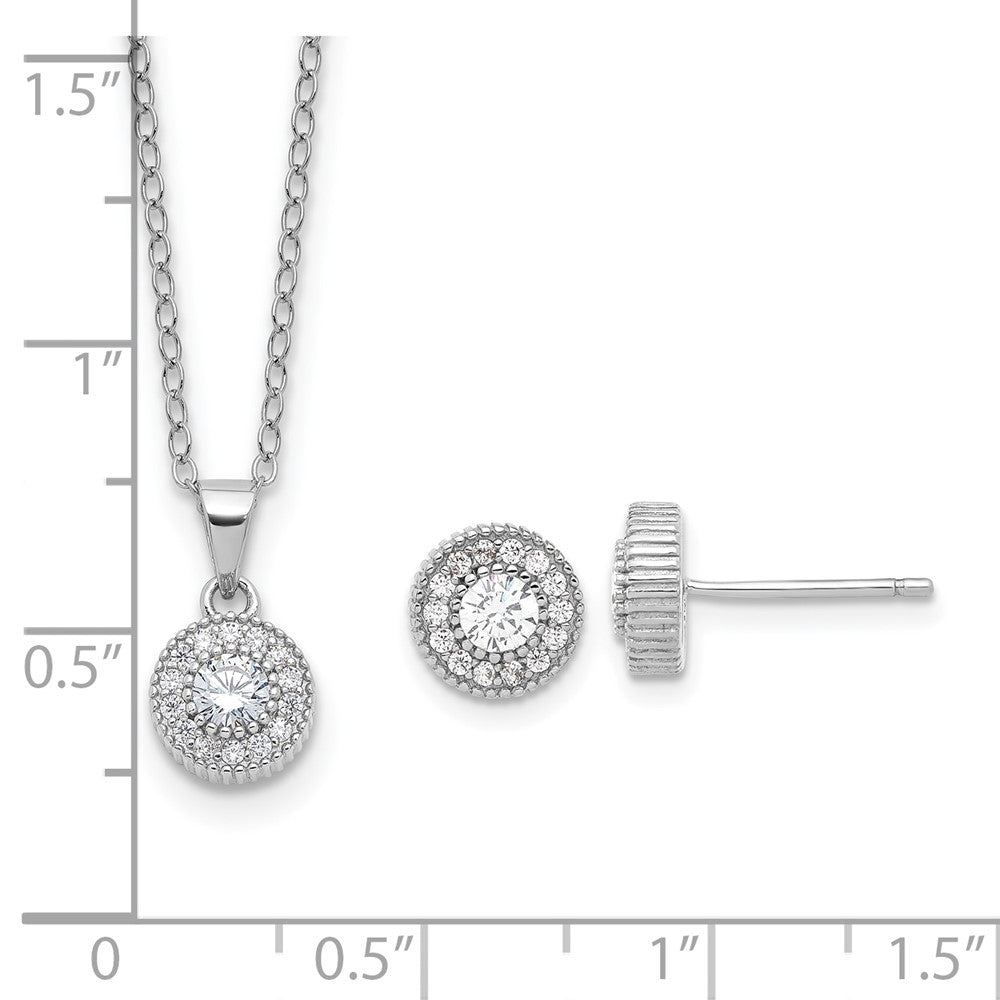 Sterling Silver Rhodium Plated CZ Post Earrings and 16in Necklace w/2in Ext Set