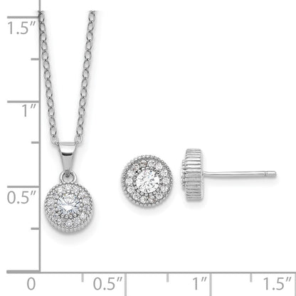 Sterling Silver Rhodium Plated CZ Post Earrings and 16in Necklace w/2in Ext Set