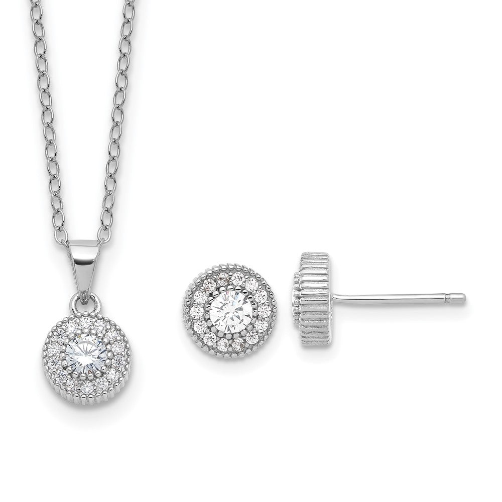 Sterling Silver Rhodium Plated CZ Post Earrings and 16in Necklace w/2in Ext Set