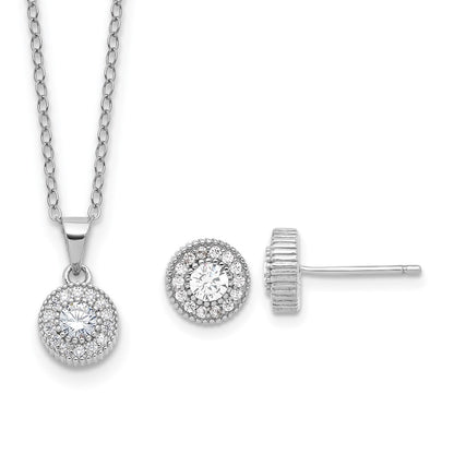 Sterling Silver Rhodium Plated CZ Post Earrings and 16in Necklace w/2in Ext Set