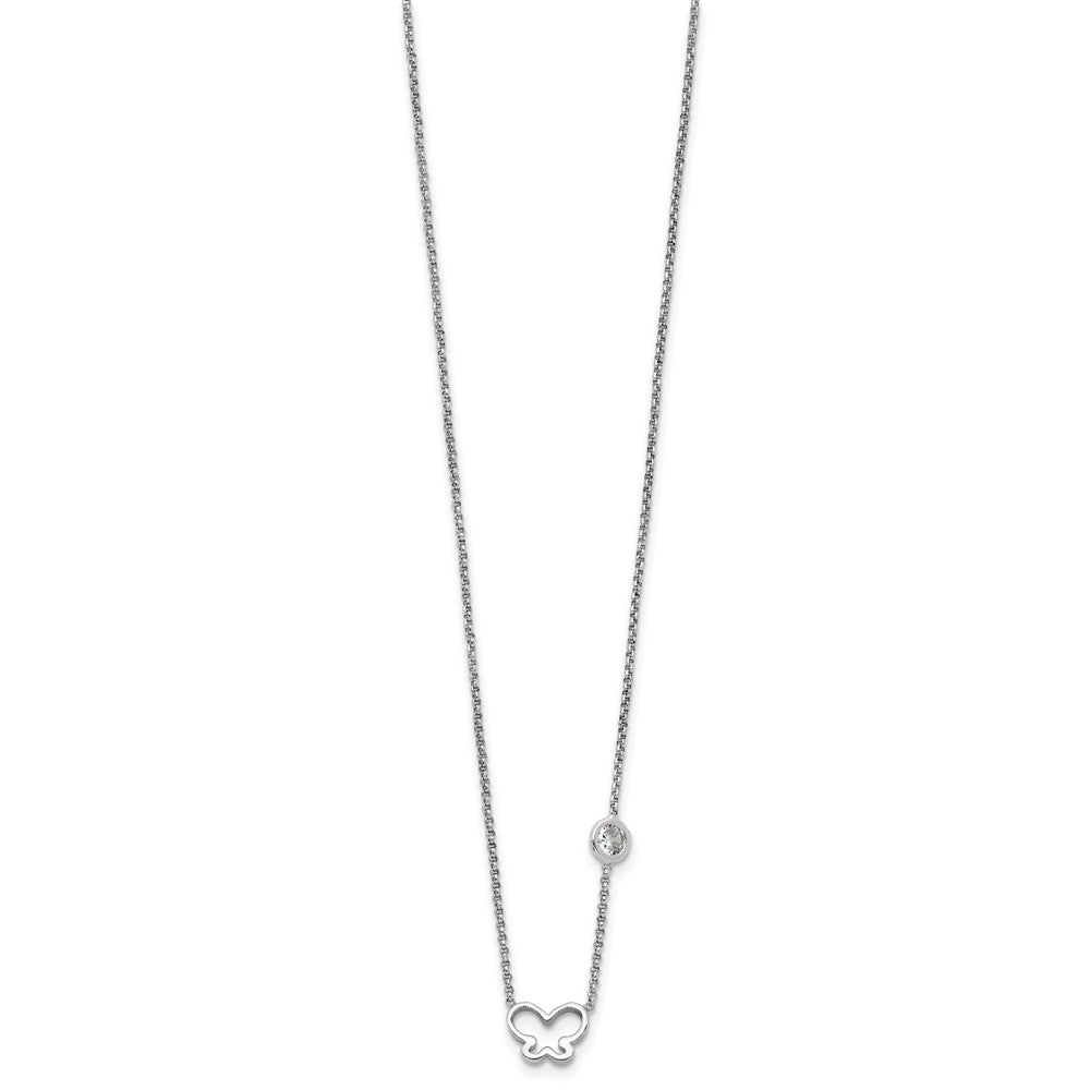 Sterling Silver Rhodium Plated CZ & Butterfly W/ 2in Ext. Children's Necklace