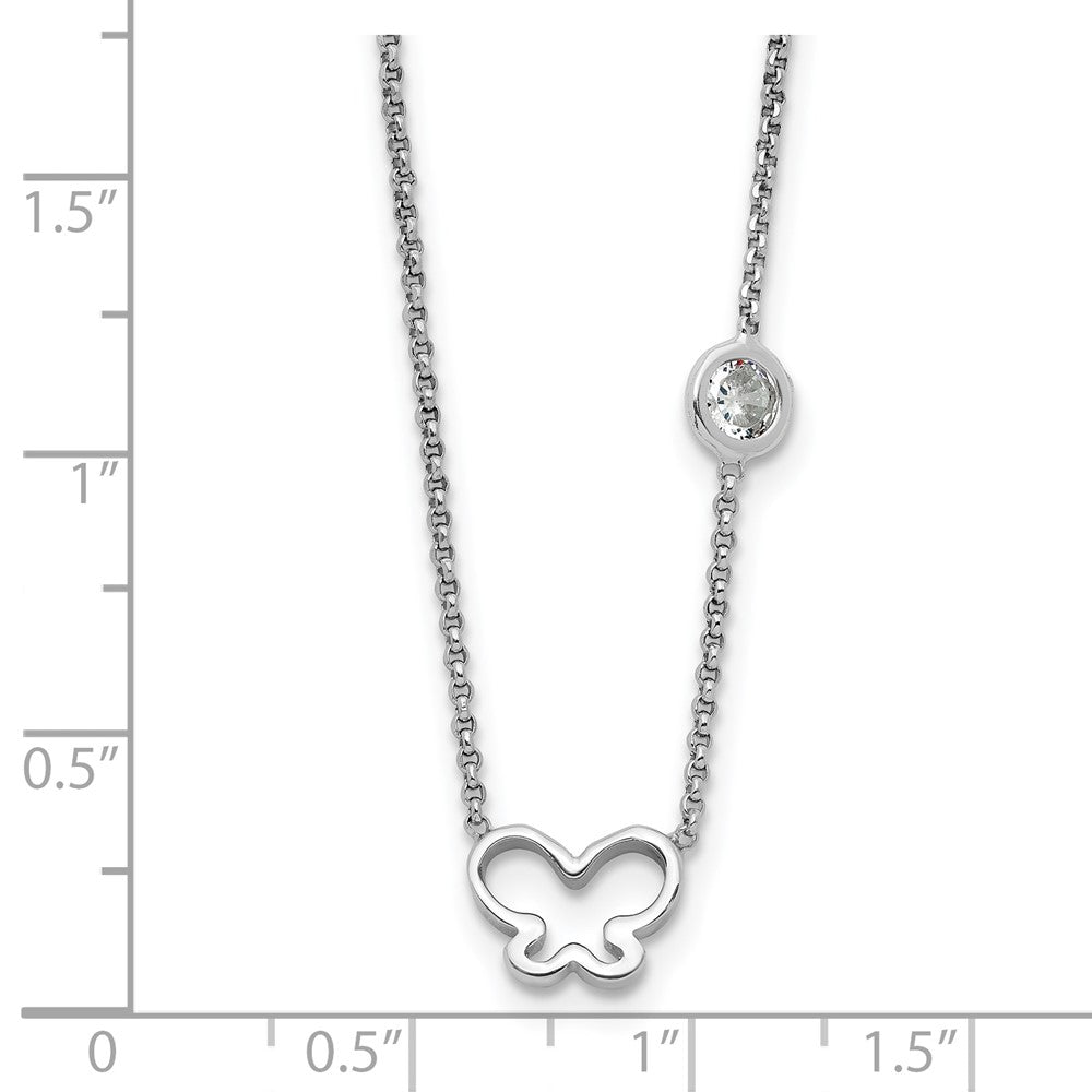 Sterling Silver Rhodium Plated CZ & Butterfly W/ 2in Ext. Children's Necklace