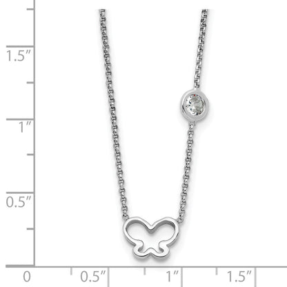 Sterling Silver Rhodium Plated CZ & Butterfly W/ 2in Ext. Children's Necklace