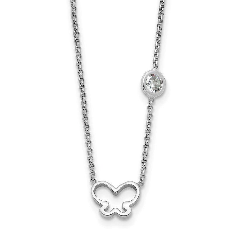 Sterling Silver Rhodium Plated CZ & Butterfly W/ 2in Ext. Children's Necklace